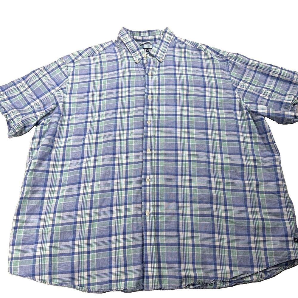 Chaps Mens Short Sleeve Button Down Linen Blend Blue Plaid Shirt Size 4X